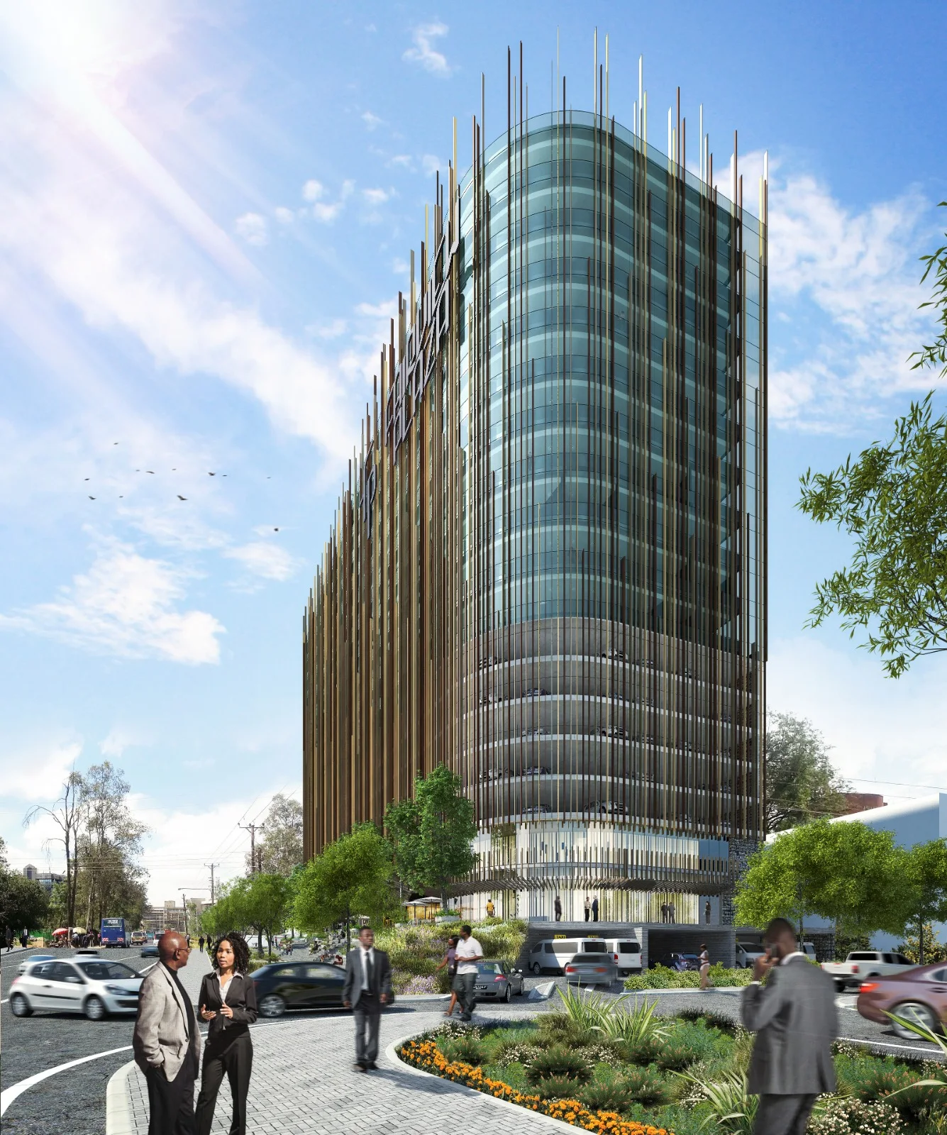 Zaoblený sklenený roh Skyview tyčiaci sa nad sadovým priestorom na úrovni ulice