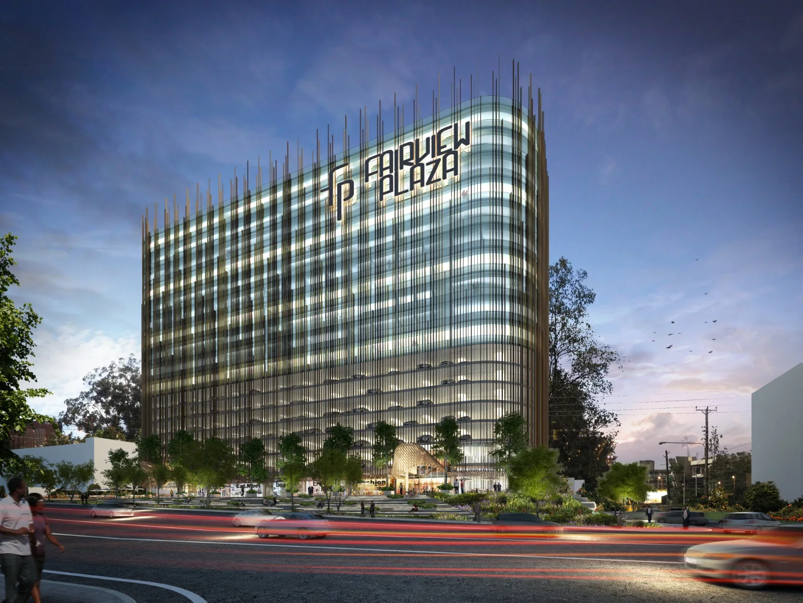 Skyview office and retail destination illuminated at night in Nairobi