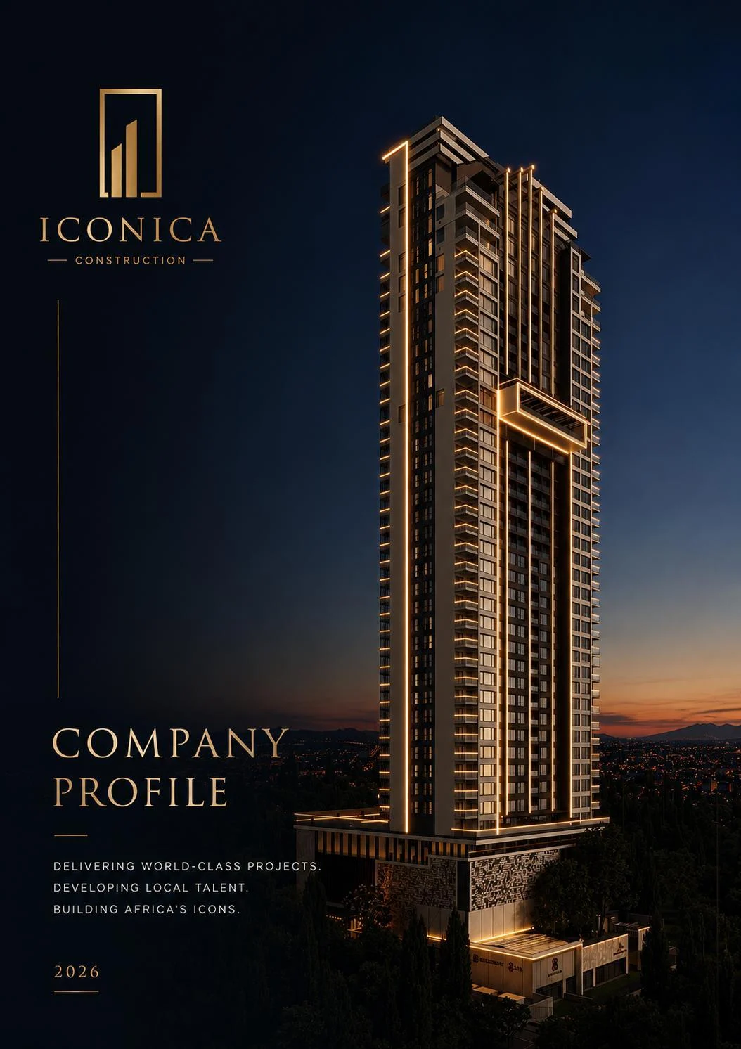 Obálka firemního profilu Iconica Construction s landmark africkou věží