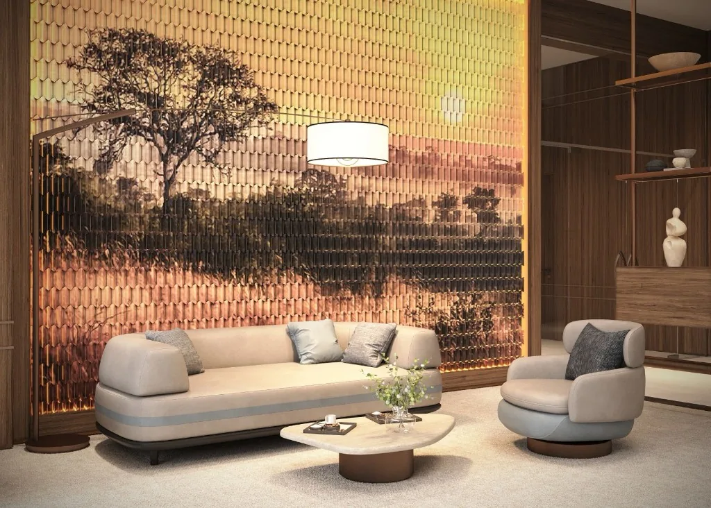 Konverzačná zóna Lounge 88 Nairobi s mramorovým stolom a podsvietenými záhradnými panelmi