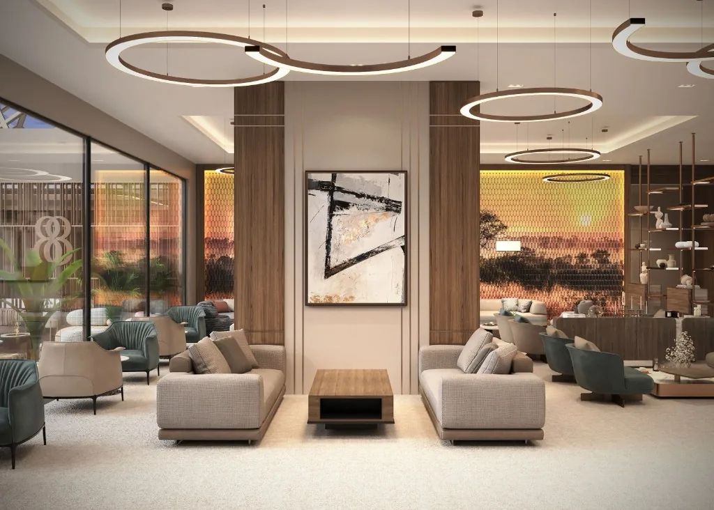 Reštauračné sedenie Lounge 88 Nairobi s africkým portrétnym umením a drevenou feature stenou