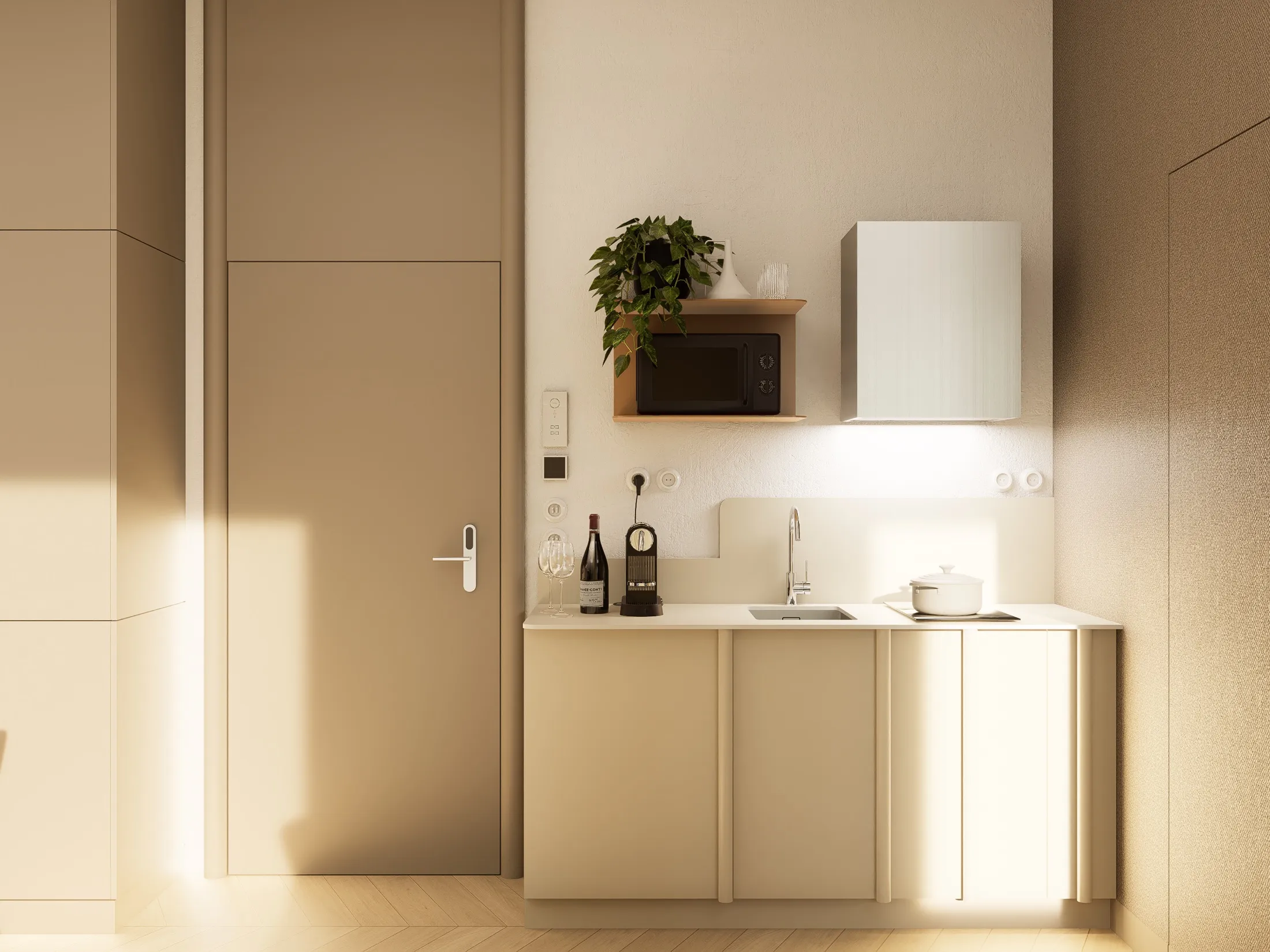 Vizualizace interiérového designu navrhované rezidence Arteria s integrovanou kuchyní