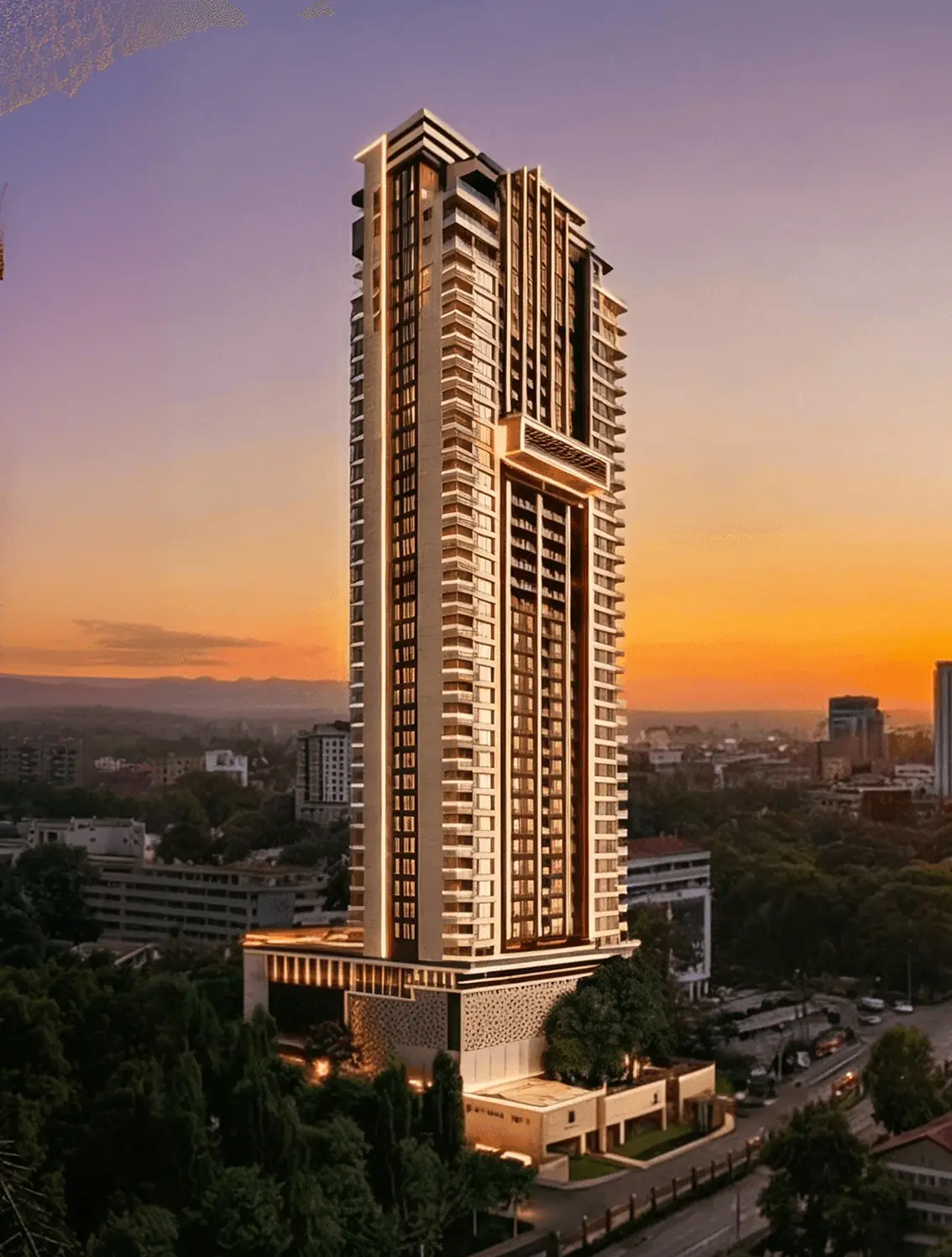 Residential tower against a warm evening sky
